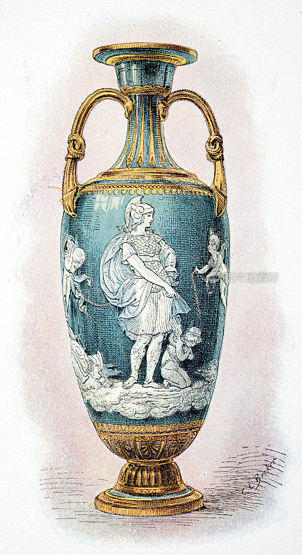 画笔浮雕花瓶:年轻女子向天使下命令，马克-路易斯・伊曼纽尔・梭伦(Marc-Louis Emanuel Solon)装饰
